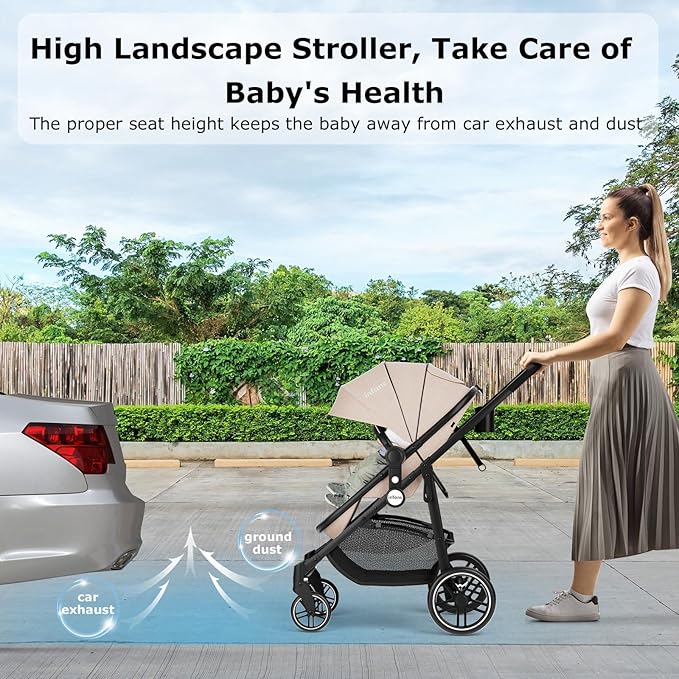 INFANS 2 in 1 Baby Stroller, High Landscape Infant Stroller & Reversible Bassinet Pram, Foldable Pushchair with Adjustable Canopy, Cup Holder, Storage Basket, Suspension Wheels (Khaki)