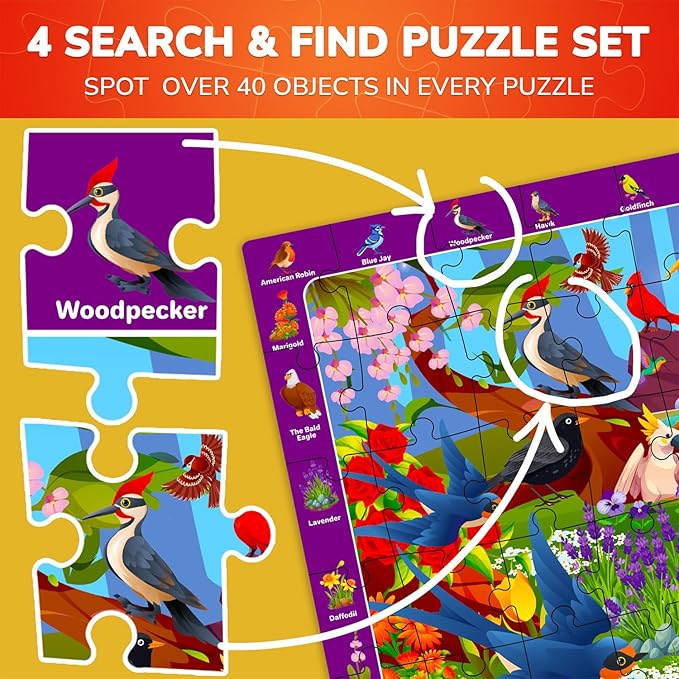 QUOKKA Puzzles for Kids Ages 6-8 - Toddler Puzzles 4-6 - 4-Pack 60 Piece Search and Find Animals and Bugs Jigsaw Puzzle 5-8 - Learning Toys for 3 yo Boys and Girls - Educational Games Gift Version II