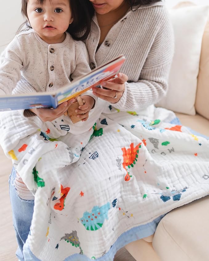 100% Cotton Muslin Baby Blanket | Soft & Breathable 6-Layer Swaddle & Receiving Blanket | Lightweight Quilt for Newborns, Infants & Toddlers | Gender-Neutral (Dinosaur Dreams)