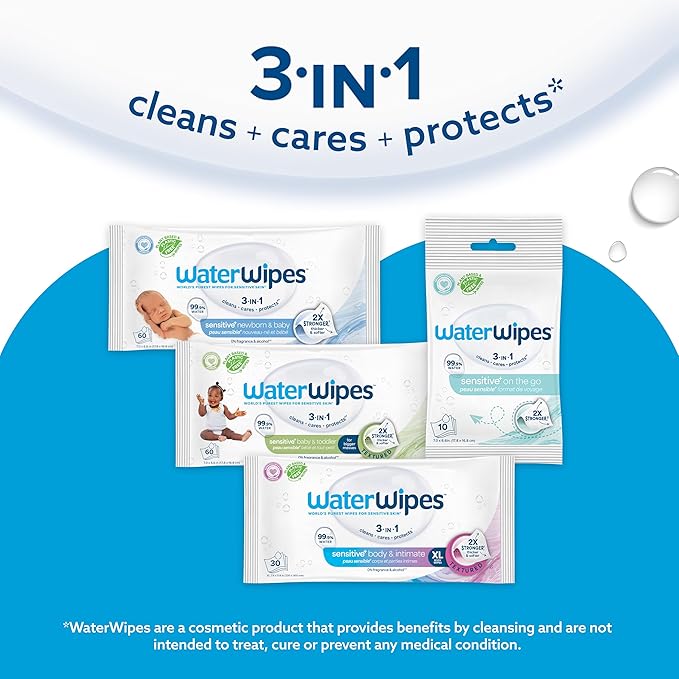 WaterWipes Sensitive+ Newborn & Baby Wipes, 3-In-1 Cleans, Cares, Protects, 99.9% Water, Unscented & Hypoallergenic, 180 Count (3 Packs)