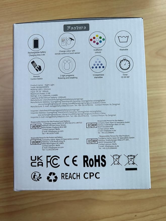 WHA&DARREN Large Rabbit Night Light for Kids,Cute Baby Night Light, Silicone Bedside Lamp,Sleep LED Lights, Eye Caring, Adjustable Brightness & Color, Time Setting, Touch Control & Remote Control