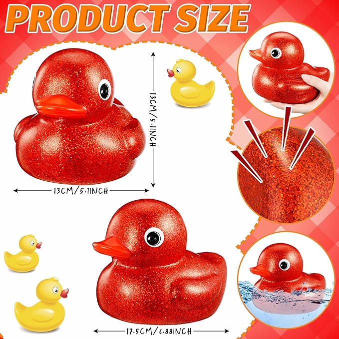 Honoson 6.89 Inch Giant Glitter Rubber Duck Big Glitter Rubber Duck Large Sparkly Duckling Bath Toy with Squeaky Sound for Summer Baby Shower Birthday Party Favor Gift(Red)