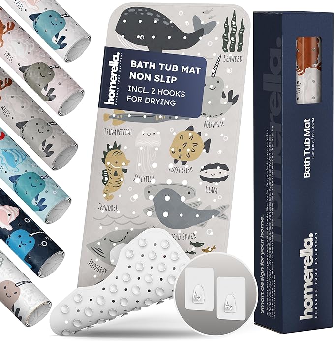 Homerella Baby Bath Tub Mat | Anti Mold Mildew Resistant Non Slip Kids and Adult Bath Tub Shower Mats | 40x16 inch Long with Suction Cups for Secure Grip Hooks for Storage & Drying | Machine Washable