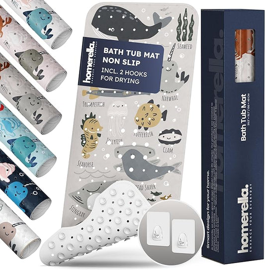 Homerella Baby Bath Tub Mat | Anti Mold Mildew Resistant Non Slip Kids and Adult Bath Tub Shower Mats | 40x16 inch Long with Suction Cups for Secure Grip Hooks for Storage & Drying | Machine Washable