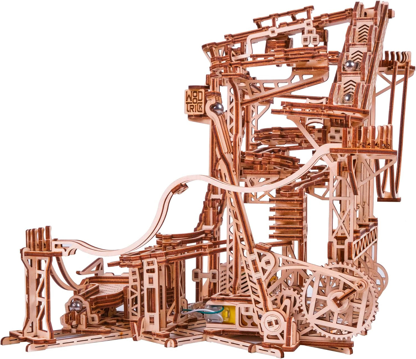 Wood Trick Wooden Marble Run Spiral Electric Motorized - Wooden 3D Puzzles for Adults and Kids to Build - 13x13 - Roller Coaster Mechanical Wooden Model Kits for Adults and Teens to Build