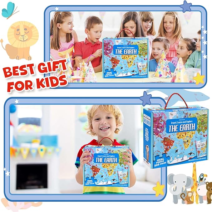World Map Puzzle for Kids & Adults - 205 Piece World Map Jigsaw Puzzles Floor Puzzles Toddler Geography Educational Toys for Boys and Girls, Globe Atlas Puzzle Maps for Kids Learning Games