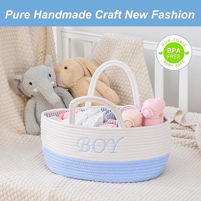 DUHEL Diaper Caddy Organizer with Handle,Baby Basket use for Diaper Organizer and Storage,Baby Boys Newborn Essentials,3 Compartments-Cotton rope Material Storage for Home or Travel.(White＆Blue)