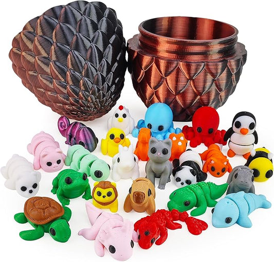 25 pcs Mini 3D Printed Animal Figurines Set with Dragon Egg: Articulated, Flexible, and Exquisitely Cute Fidget Toys for Play and Display for Valentine's Day, Easter, Bithday