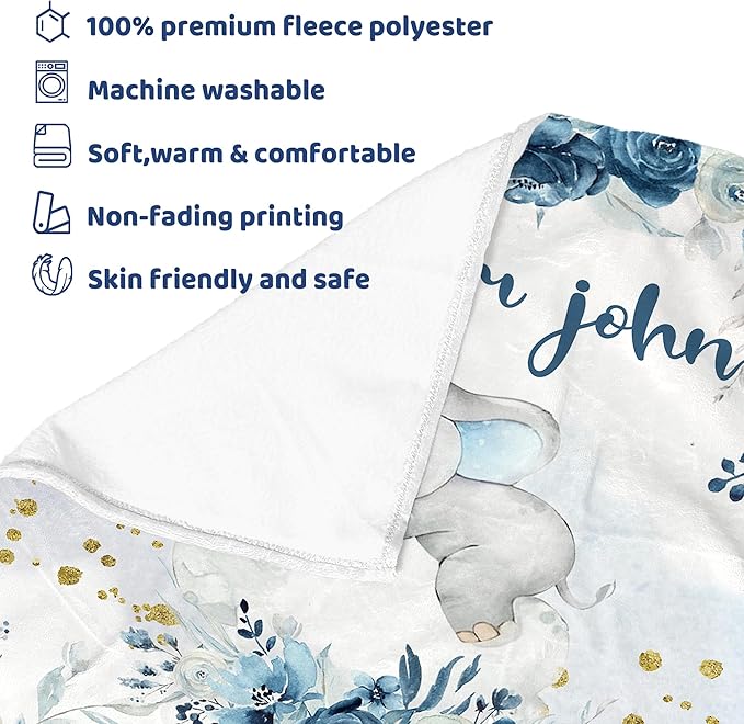 J&SBGFT Personalized Baby Blanket for Boys - Custom Name Receiving Blanket for Toddlers, Kids - Nursery, Stroller, Crib Decor Throw - Blue Elephant Sleeping