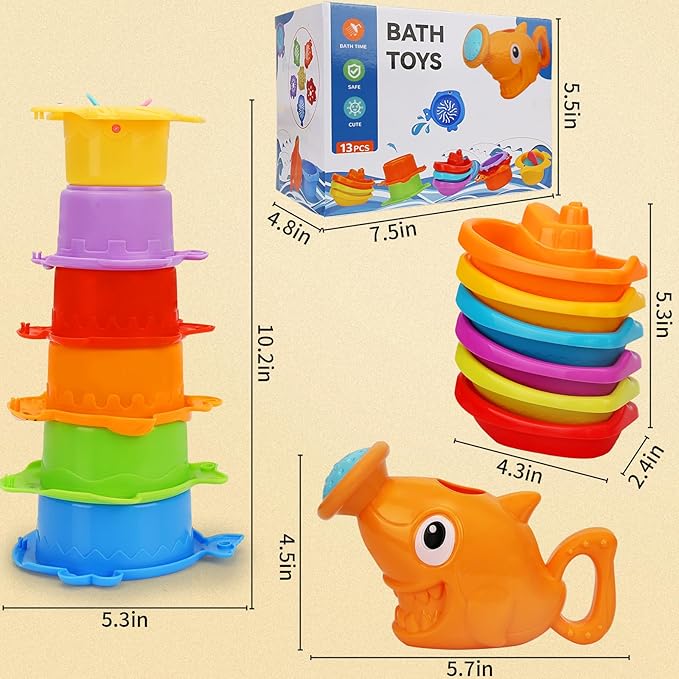 Baby Bath Toys for Kids Ages 1-3,13 Pcs Bathtub Toys for Babies 6-12-18 Months, Mold Free Bath Toys Toddlers 2-4 Years Old,Stacking Cups & Watering Can,Water Table Toys for Infants Boys Girls 1 2 3 4