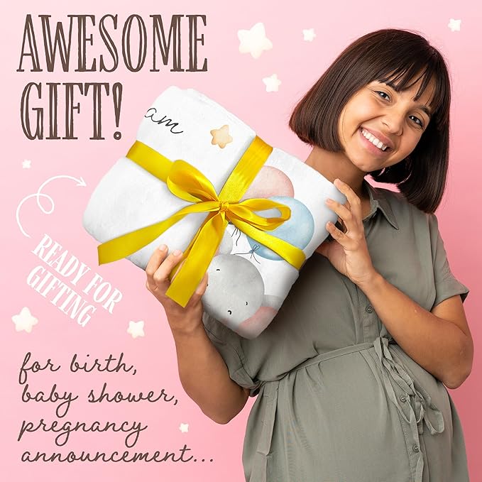 Baby Milestone Blanket, 40x50in Soft Flannel, Custom Cloud & Star Design with Baby Animals, Includes Yellow Star & Blue Cloud Milestone Markers, Perfect, White & Pastel Colors