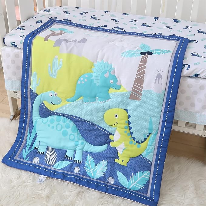 Wowelife Dinosaur Crib Bedding Set for Boys Blue, Premium 3-Piece Baby Bedding Set, Nursery Crib Set, Newborn, Infant & Toddler Nursery Bed Set, Blue Dinosaur