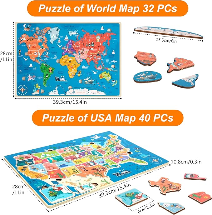 2 Pack Puzzles for Kids Ages 4-6, Wooden Puzzles for Toddlers, Busy Board, Map Jigsaw Puzzle Educational Wood Floor Puzzle, World USA Maps Puzzles Toy Gift for Boys and Girls (US & World Map)