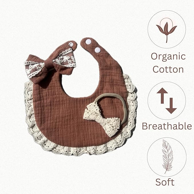 Baby Girl Gift Set, Muslin BoHo Bib with Lace and Matching Bows, Absorbent Cotton Adjustable Bib for Newborn Infant Toddler