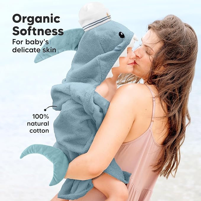 KeaBabies Organic Baby Towel with Hood for Girls, Boys - Soft, Absorbent, 100% Cotton Hooded Baby Towels for Newborns, Infants, Large Hooded Bath Towels for Babies, Kids, Toddler 1-3 (Skipper)