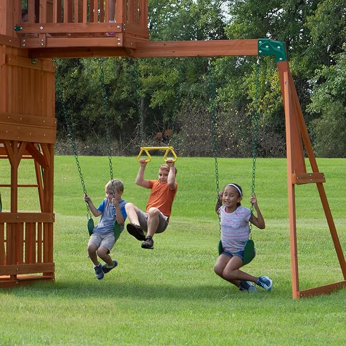 Backyard Discovery Skyfort II Cedar Wood Swing Set with Wave Slide, Raised Clubhouse, Crow's Nest, Monkey Bars, Balcony, Belt Swings, Trapeze, Rock Wall, Picnic Table, Sandbox, Ladder, Outdoor Playset