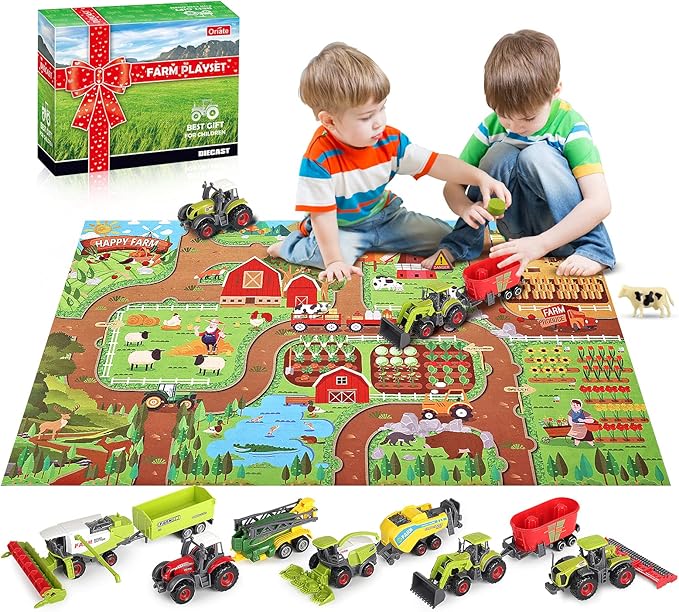 Oriate Farm Tractor Toys Vehicle with Animals & Activity Play Mat, 38Pcs Educational Realistic Kid's DIY Diecast Set, Kids Tractors Trailer Sprayer Cow Animal Toy Birthday Gift