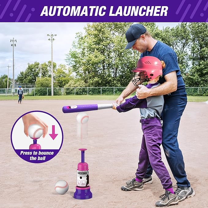 4 in 1 T Ball Sets for Kids 3-5 with Toss and Catch Ball Set, Hanging Tee Stand with Auto Pitching Machine/ 2 Bats, Indoor Outdoor Toys Baseball Gifts for Toddler Boys Girls, Purple