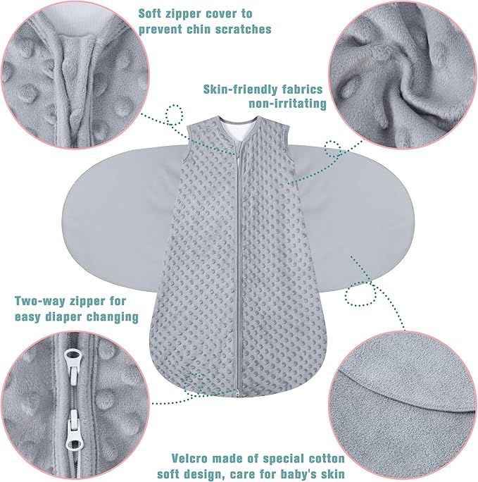 Fleece Newborn Sleep Sack Baby Swaddle,3-Way Adjustable Wearable Blanket,2 Pack Fleece Swaddling Sleeping Bag TOG 2.0， (Gray & Pink, 6-12 Months)