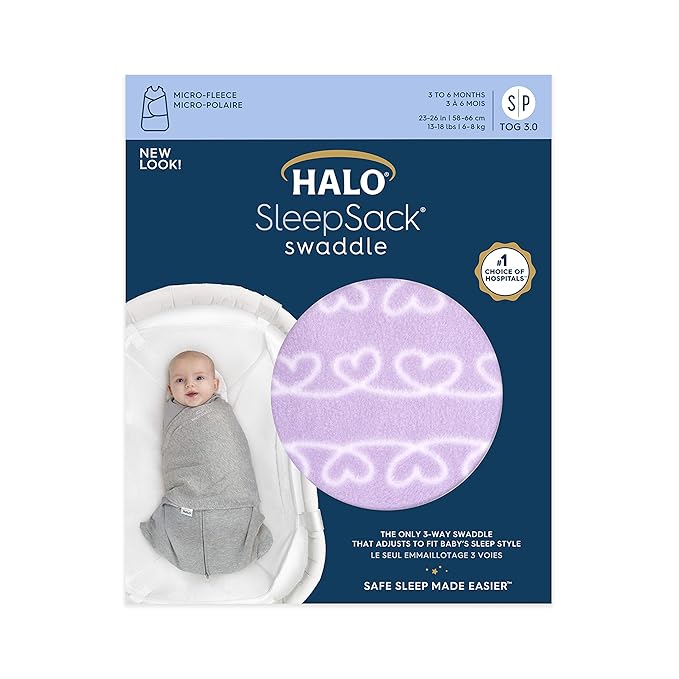 HALO Micro-Fleece Sleepsack Swaddle, 3-Way Adjustable Swaddle Blanket for Newborn and Infants, TOG 3.0 for Cold Climates, Hip Healthy, Heartline, Small, 3-6 Months
