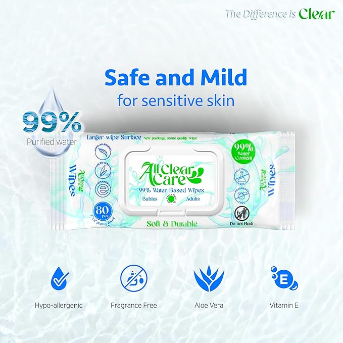 Baby Wipes, Unscented Wet Wipes for Sensitive Skin, Large Soft Durable & 99% Water, Gentle & Hypoallergenic for Babies & Adults, Vitamin E and Aloe, Flip Top Lid, 3 Pack (240 Wipes)