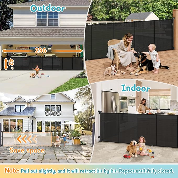 236'' Retractable Baby Gates Extra Wide, 42'' Extra Tall Retractable Dog Gate, 20 FT Black Indoor/Outdoor Retractable Gate with Reinforcement Rods for Garage, Doorways, Stairs, Decks, Driveway, Patio