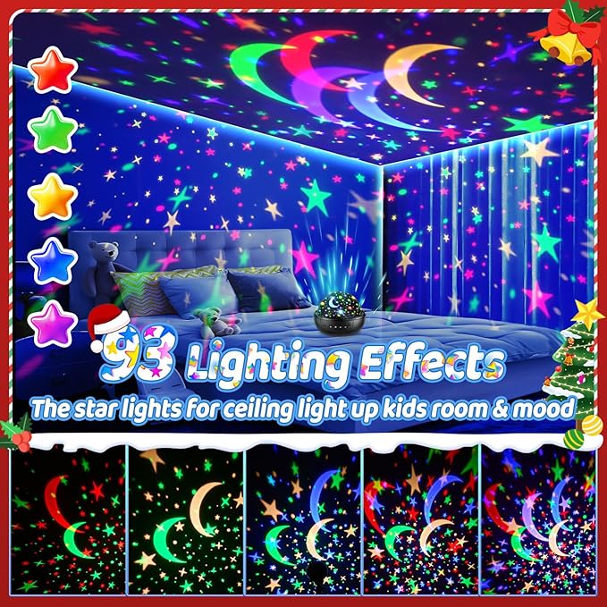 COOLNIGHT Night Light for Kids, 93 Lighting+3 Films Kids Night Light Projector, Remote+Dimmable Star Projector,360°Slient Ceiling Stars Glow in The Dark Stars, Boys Christmas Gifts for 4 Year Old Boy