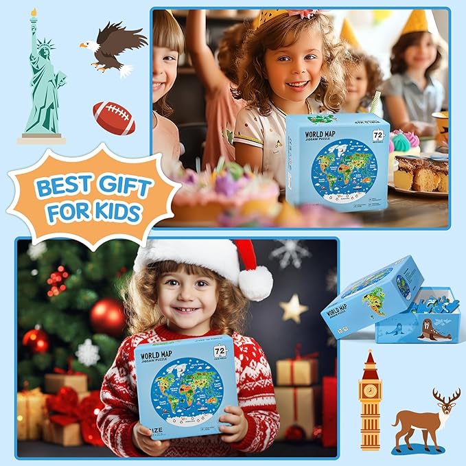 72 Piece World Map Jigsaw Puzzle for Kids 3-5, 4-6 Globe Round Floor Puzzles Geography Educational Birthday Gifts Learning Resource Educational Montessori Toys (World Map)