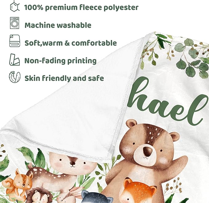 J&SBGFT Personalized Baby Blanket for Boys with Custom Name, Jungle Animal Receiving Blanket for Toddlers, Kids Nursery, Stroller, Crib, Decor Throw
