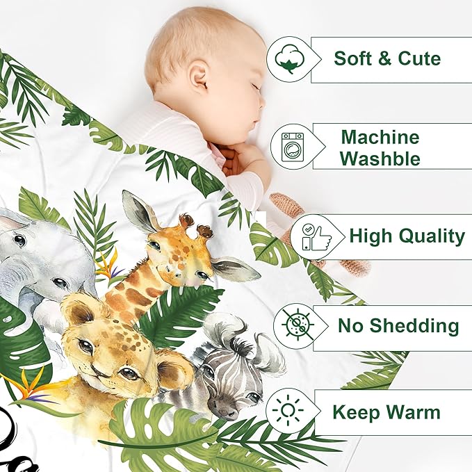 J&SBGFT Personalized Baby Blanket for Boys,Custom Baby Blanket with Name, Customized Name Blanket Receiving Blankets for Toddlers Kids Nursery Stroller Crib Decor Throw,Safari Animal Leaf