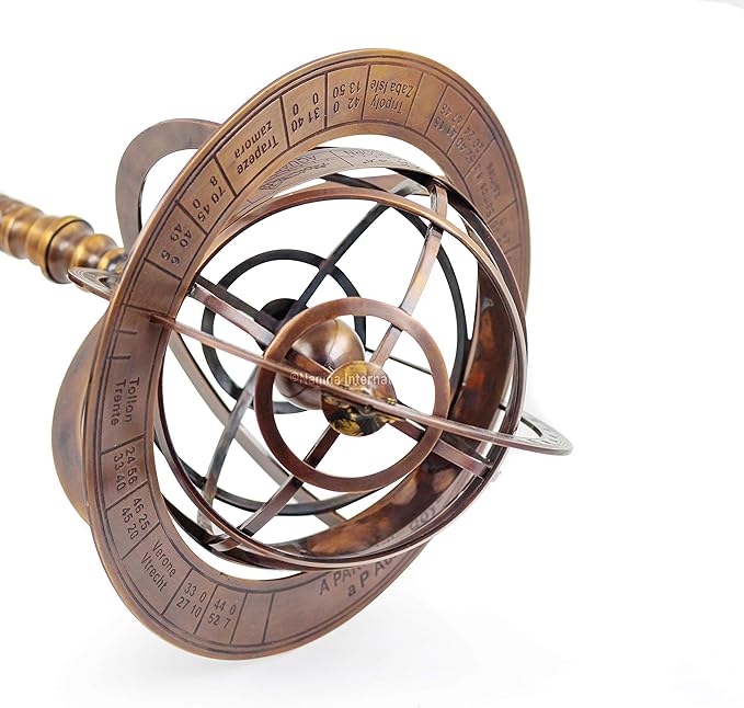 Nagina International Antique Vintage Zodiac Armillary Brass Sphere Globe Wooden Display | Pirate's Antique Ship Decor (XL, Antique Brass)