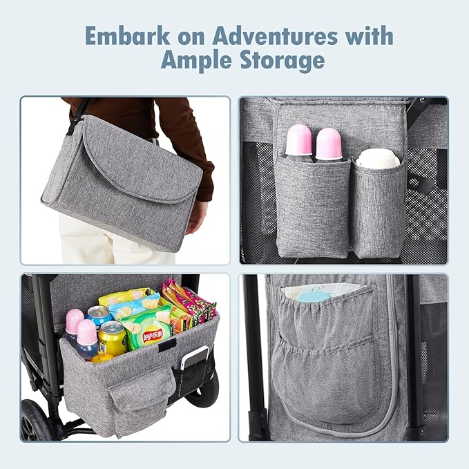 Wagon Stroller for 2 Kids, High Seat & 5 Point Harness, Foldable All-Terrain Wagon for Toddler with Canopy, Parent Organizer, Shoulder Bag, Adjustable Handlebar, Ultimate Double (Gray)