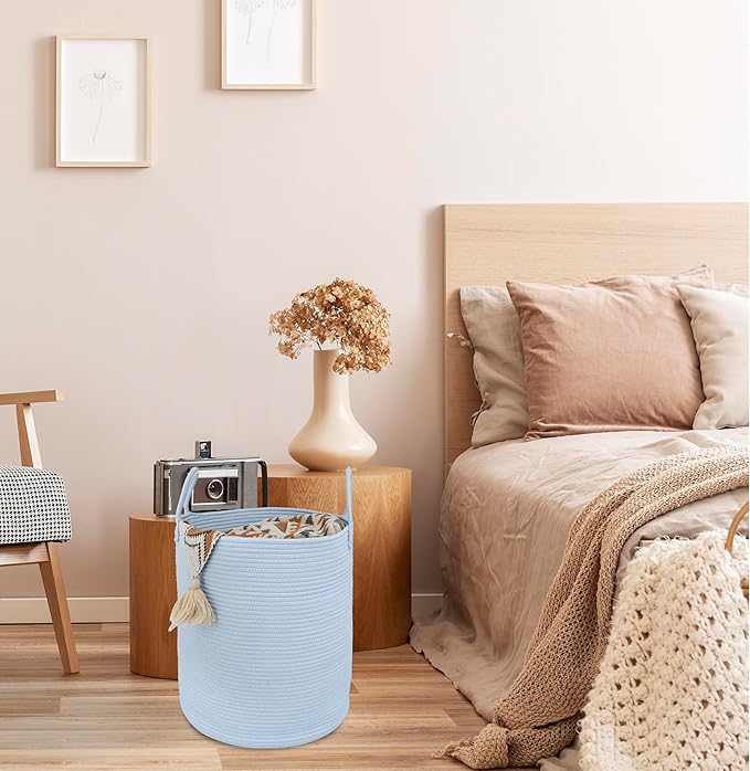 Cotton Rope Laundry Basket Hamper for Clothes Woven Storage Basket for Living Room Bedroom Boho Tall Rope Baskets for Blanket Toys Pillow Towels Baby Nursery Hamper Bin light blue