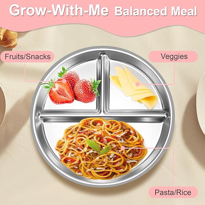 Bella's Friends Stainless Steel Toddler Plates Silicone Suction,3 Packs Non-Slip Baby Plates,Divided Portion,Food-Grade Silicone Plate for Kids,LEAD-FREE Dishwasher Safe, Gray White Pink