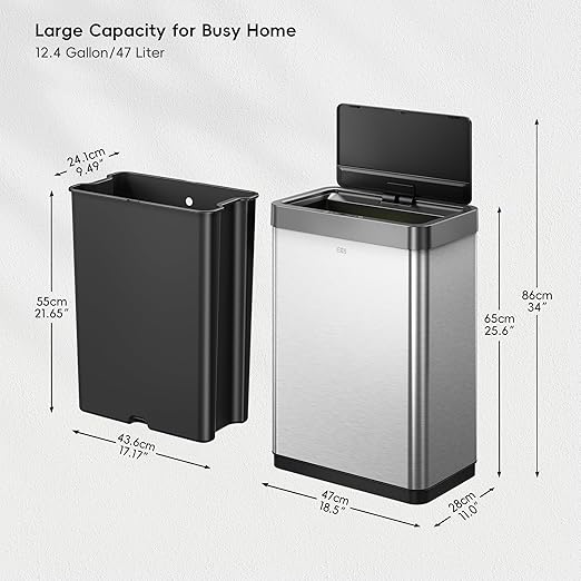 EKO Mirage-X 47 Liter / 12.4 Gallon Touchless Rectangular Motion Sensor Trash Can with Removable Liner, Brushed Stainless Steel Finish