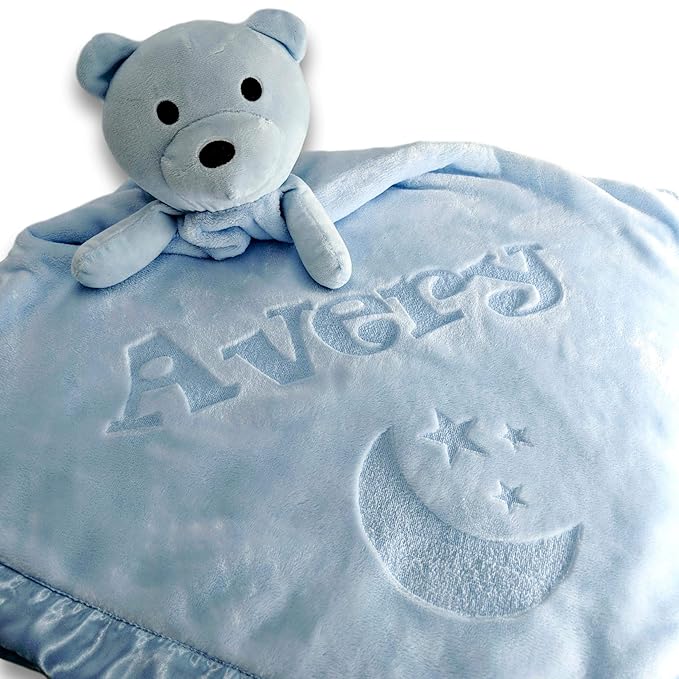 Custom Catch Personalized Teddy Bear Baby Blanket Gift for Boy - Blue