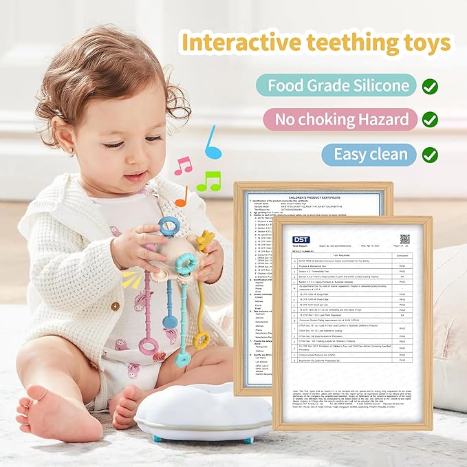 Montesorri-Toys - Montessori Pull String Toy - Made of 100% Food Grade Silicone with Built-in Rattle Function and Easy to Clean Design (Cream Color)