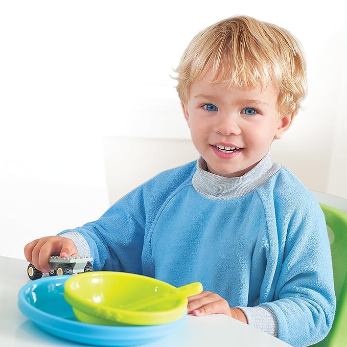 Kiddologic Bibit-all Baby Feeding Bib, Long Sleeves with Ribbed Cuffs and High Collar, Comfortable Stretchy Pullover Smock, Soft Absorbent Terry, Waterproof Lining, Toddler Boy 12-36 Months, Sky Blue