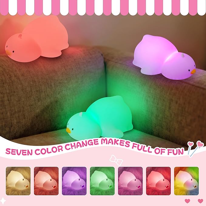 Night Light for Kids, Rechargeable Dimmable Silicone LED Nightlight with 7 Colors, Baby Nursery Night Lamp, Touch Squishy Lamp, Cute Gifts for Girls, Boys, Toddler Room Decor, Lying Duck