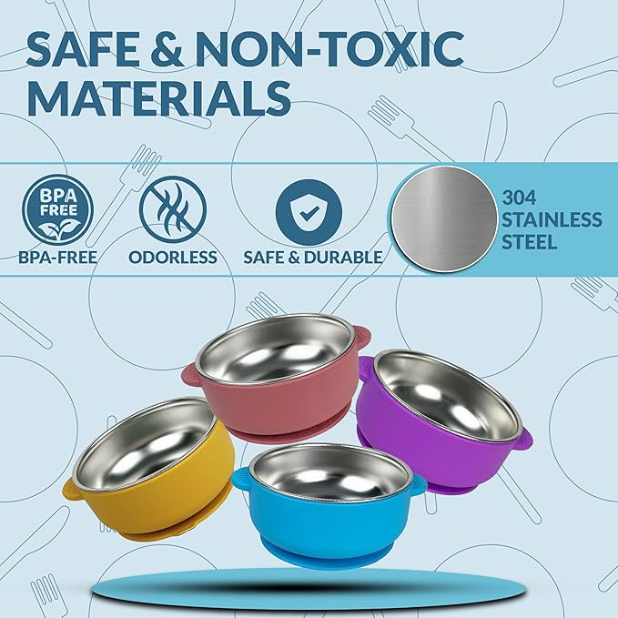 Stainless Steel Toddler Bowls with Suction & Lids – 4-Pack Spill-Proof Kids Bowl Set with Travel Bag – BPA-Free & Dishwasher Safe