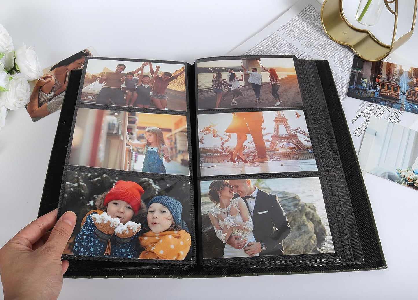 RECUTMS Photo Album for 4x6 300 Photos, 3 Per Pages Photo Picture Album PU Leather Button Grain Cover, Horizontal Photos Record Wedding Family Baby Anniversary Birthday Graduation Travel (Dark Green)