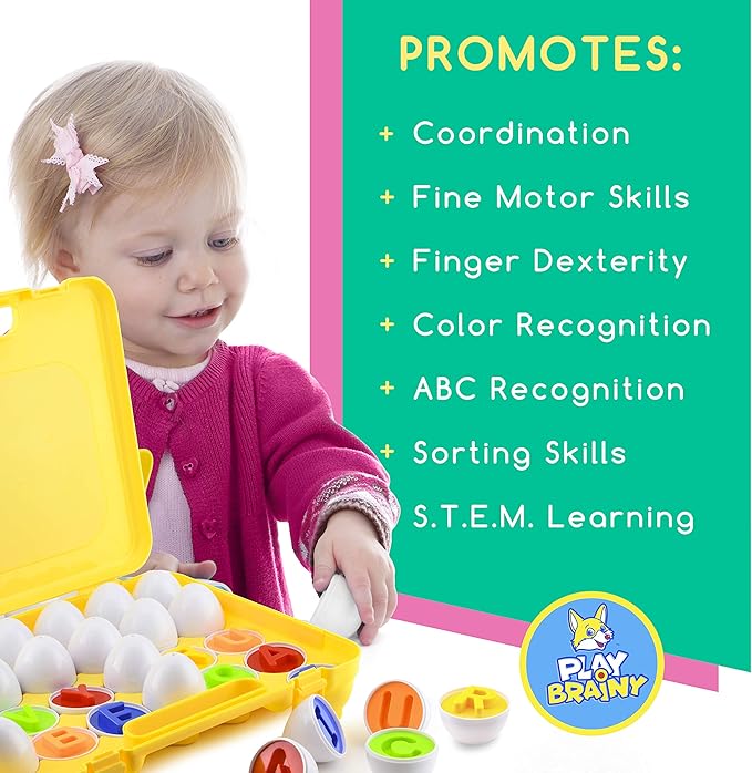 Play Brainy Montessori Alphabet Matching Eggs, 26 Pc. ABC Letter Set, Educational Early Learning Toys and Shape Recognition Sorter Puzzle for Toddlers and Preschool Students, Easter Gift