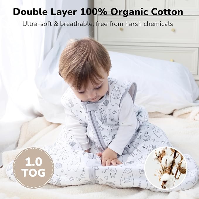 Baby Sleep Sack 1.0 TOG, Organic Cotton Baby Wearable Blanket with Two-Way Zipper, Swaddle Transition Baby Sleeping Bag, All-Season Sleep Sack for Newborn Infant Toddler Boy Girl, 18-24 Months, 1-Pack