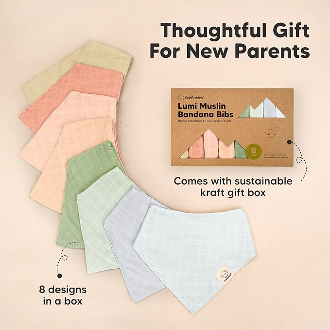 KeaBabies 8-Pack Muslin Baby Bibs for Boys, Girls - Muslin Bandana Drool Bibs for Baby Girl & Boy, Drooling Newborn, Teething Toddler, Infant 0-36 months, 100% Cotton Extra Absorbent & Soft (Dew)