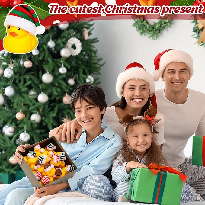 Liliful 24 Pcs Christmas Rubber Ducks with Hat Xmas Mini Rubber Ducks in Bulk Holiday Party Favors Bath Toys for Christmas Party Decor Gift (Striped Hat)