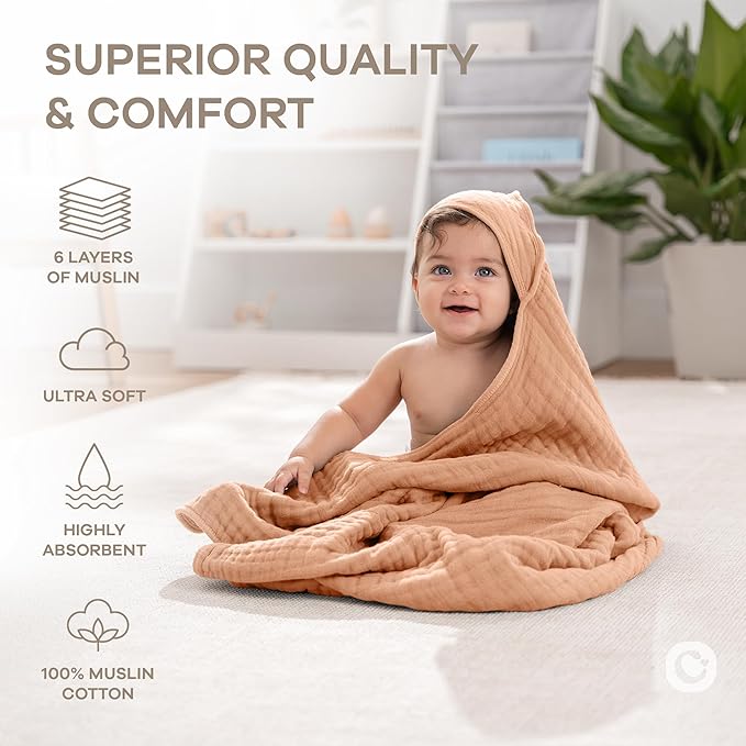 Comfy Cubs Baby Hooded 9 Layer Muslin Cotton Towel for Kids, Large 32” x 32”, Ultra Soft, Warm, and Absorbent. Baby Essentials Bath Towels, Cute Unisex Cover for Girls and Boys (Pack of 1, Caramel)