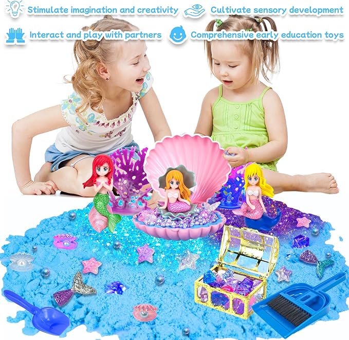 Sensory Bins for Toddlers,Sensory Toys Play Sand Art Kit with Sandbox & Sand Castle Molds & Tools,Indoor Outdoor Beach Toys for Boys and Girls Christmas Birthday Gift (Mermaid Paradise)