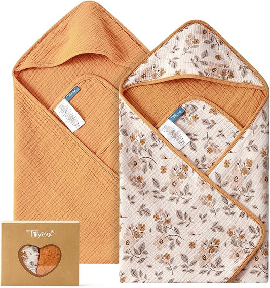 TILLYOU Muslin Hooded Baby Towels for Newborn 2 Pack, 32x32Inch Soft Baby Bath Towel Highly Absorbent for Newborn and Infant, Essential for Newborn Care, Yellow Flower