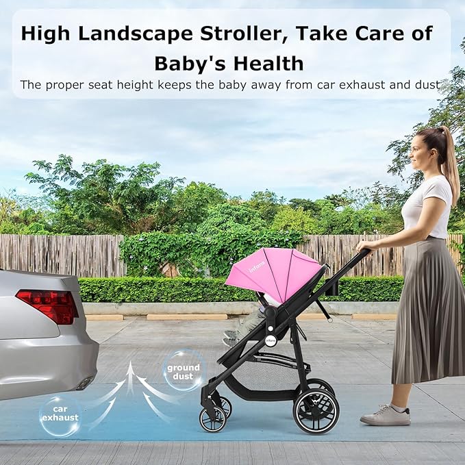 INFANS 2 in 1 Baby Stroller, High Landscape Infant Stroller & Reversible Bassinet Pram, Foldable Pushchair with Adjustable Canopy, Storage Basket, Cup Holder, Suspension Wheels (Pink)
