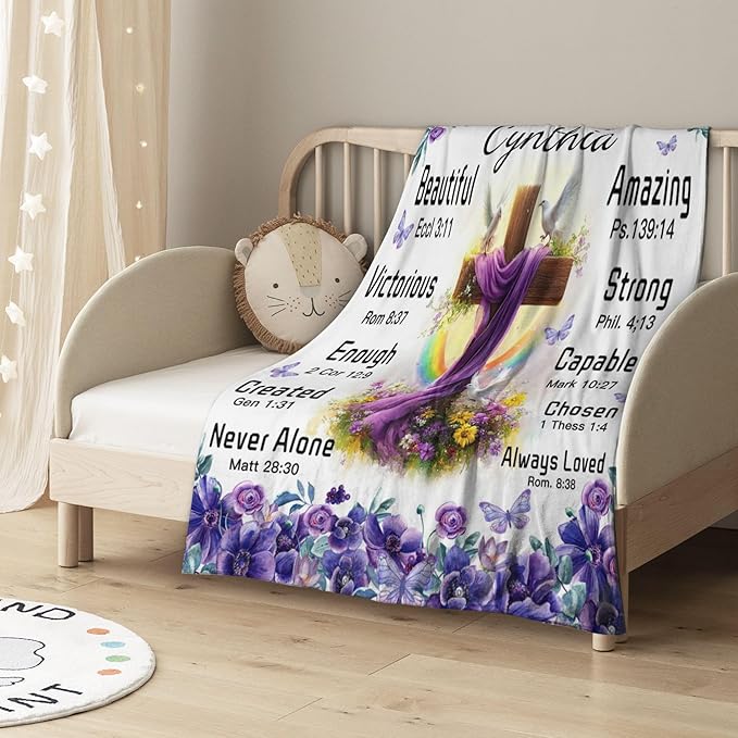 Customized Blankets with Name Personalized Baby Blankets Plush Baptism Blanket Scripture Quote Swaddle Bible Verse Blanket Christian Gift for Girls Birthday Christmas Christening Godchild Gifts